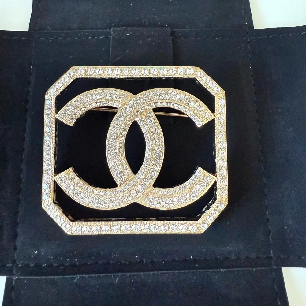 CHANEL square gold brooch with crystals Authentic